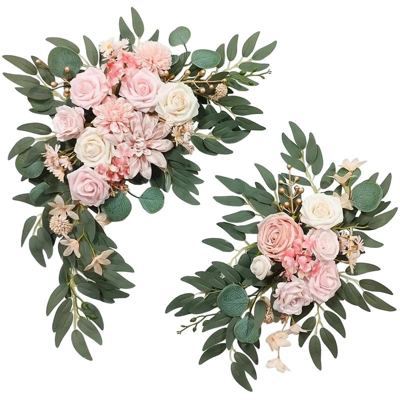 ARTFLWS Artificial Flower Swag Wedding Arch Flowers Set of 2 Rose Flower Swag Arrangements for Wedding Party Welcome Ceremony Sign and Reception Backdrop Floral Decoration (Pink) - Image 1