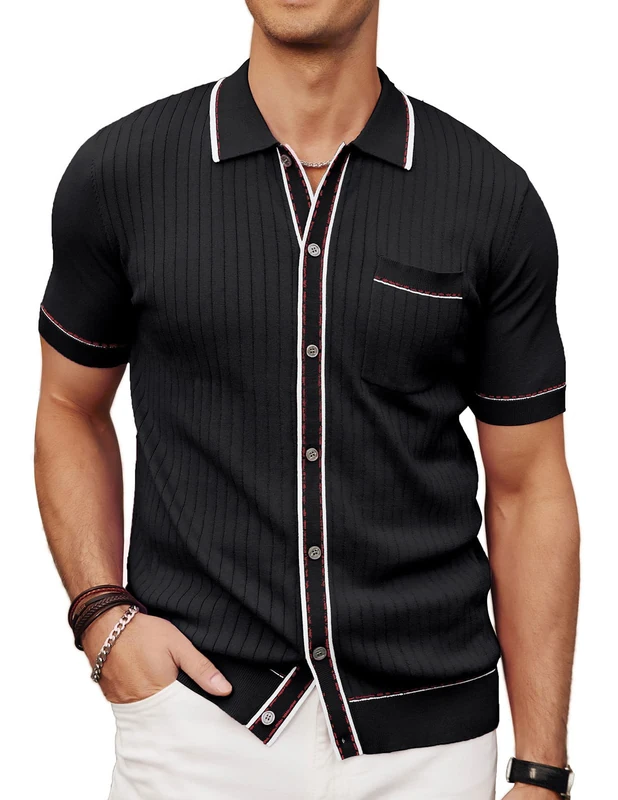 PJ PAUL JONES Men's Short Sleeve Knit Polo Shirt Vintage Button Down Golf Polo, Black, Large
