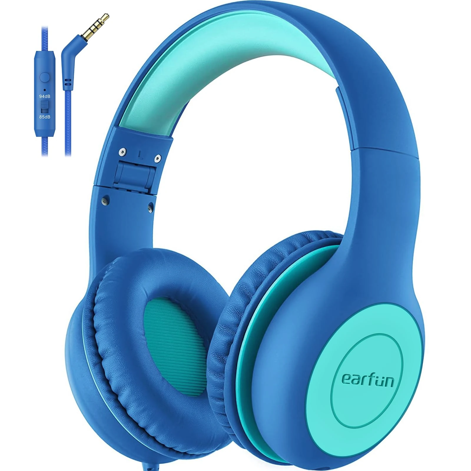 EarFun Kids Headphones with Mic, Wired Headphones Kids 85/94dB Volume Limit, Sharing Function, Stereo Sound Adjustable Headband Children Headphone for School/Travel/Phone/Tablet, Blue Green