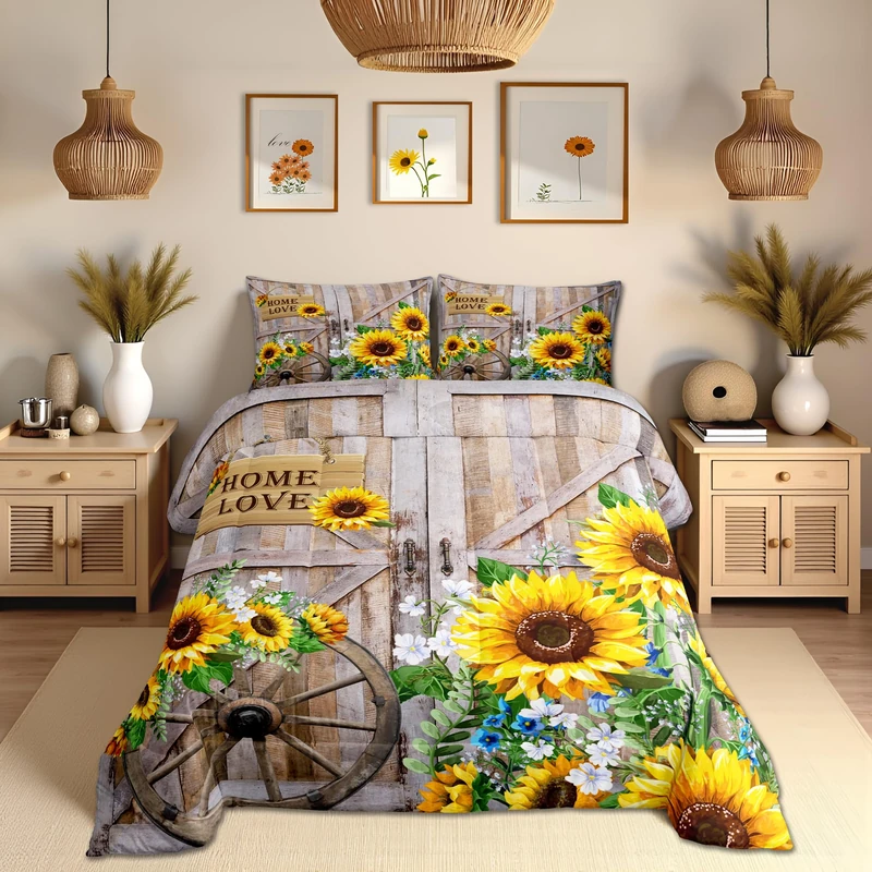 Homewish Sunflower Comforter Set Full Size Rustic Farmhouse Bedding Set Spring Flowers Quilt Set 3pcs for Kids Girls Women Boys Room Decor Home Themed Barn Door Duvet Insert with 2 Pillowcases