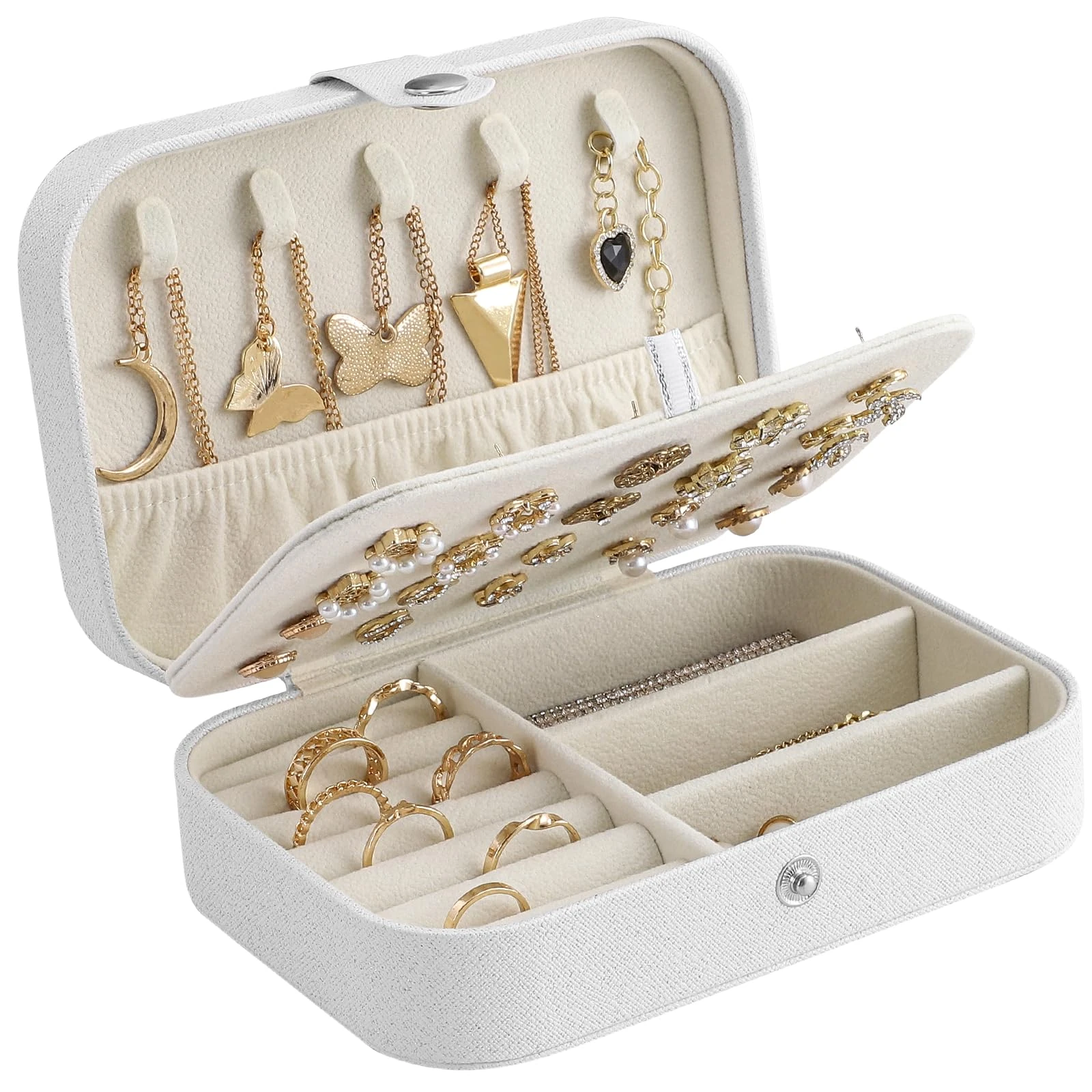 CNMTCCO Jewellery Box Small Travel Jewelry Organiser Storage Case for Necklace Rings Bracelets Earrings Premium Faux PU Leather Jewellery Gift Box Girls Women (White)