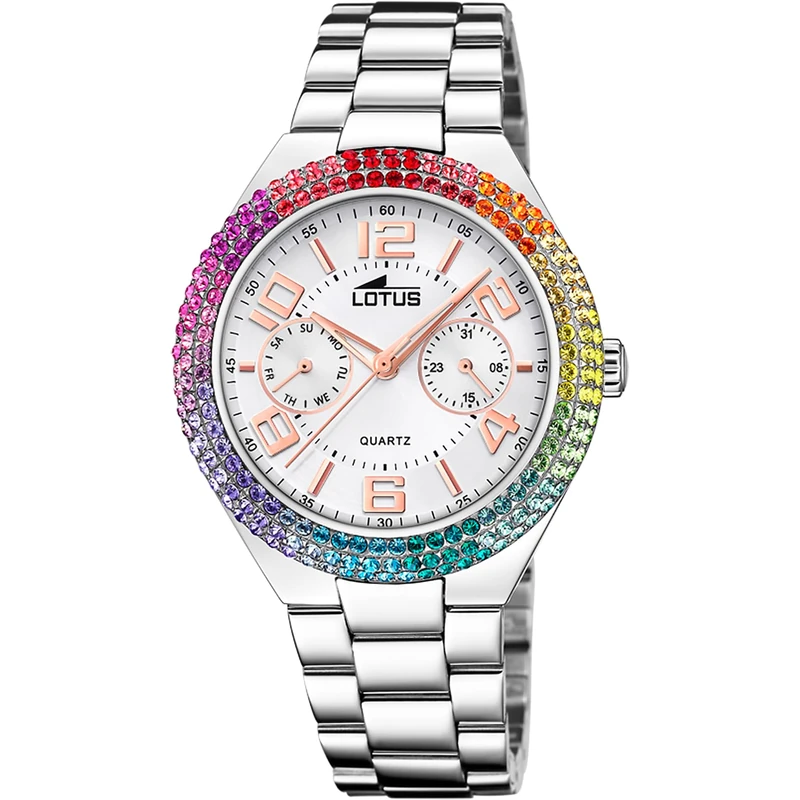 Lotus 18907/1 Women's Analogue Quartz Watch with Stainless Steel Strap, Silver-White-Rose Gold, Bracelet