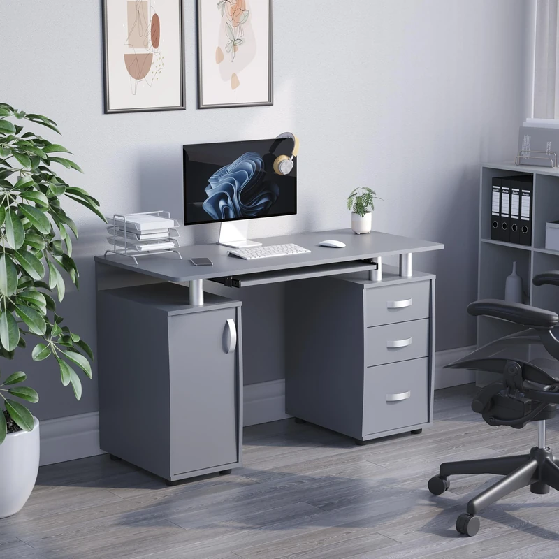 Vida Designs Otley Computer Desk with Shelves and 3 Drawers, Home Office PC/Laptop Gaming Table, Study Workstation with Keyboard Tray, Furniture, Grey
