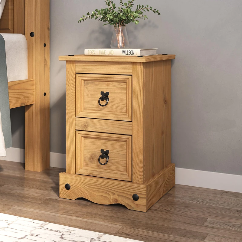 Corona Bedside Table 2 Drawer Mexican Solid Waxed Pine