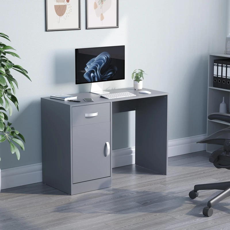 Vida Designs Hudson Computer Desk with Drawer and Door, Home Office PC/Laptop Table, Gaming Study Workstation Storage Cupboard Furniture, Grey
