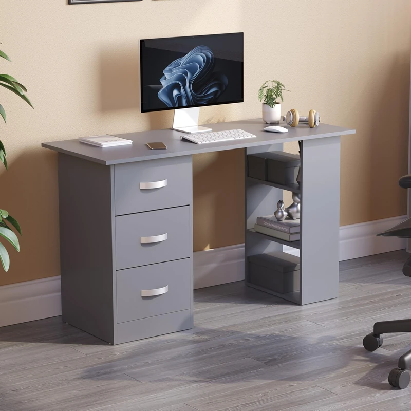 Vida Designs Mason Computer Desk with Shelves and 3 Drawers, Home Office PC/Laptop Gaming Table, Study Workstation, Furniture Grey