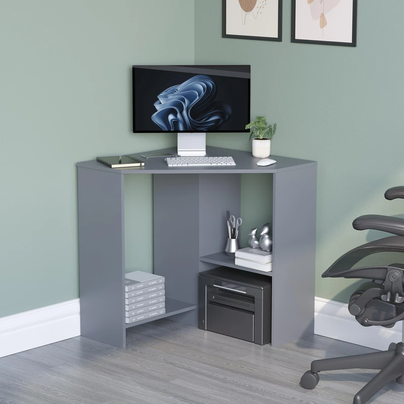 Vida Designs Hetton Corner Computer Desk with Shelves, Home Office PC/Laptop Table, Gaming Study Workstation, Furniture, Grey