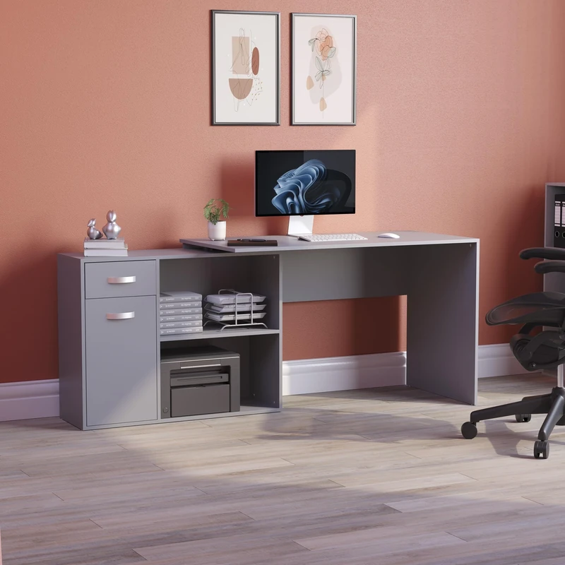 Vida Designs Longton Adjustable, L-Shaped Computer Desk with Shelves, Drawer and Door, Home Office PC/Laptop Table, Gaming Study Workstation, Furniture, Grey