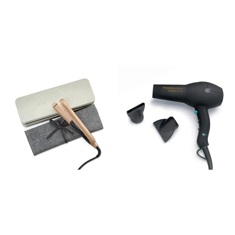 Diva Pro Styling Precious Metals Touch Straightener Rose Gold with Macadamia Argan Oil and Keratin Infused Ceramic Plates, PRO201 & Veloce 3800 Pro Dryer, Black - 2200W Professional Hairdryer EDT105