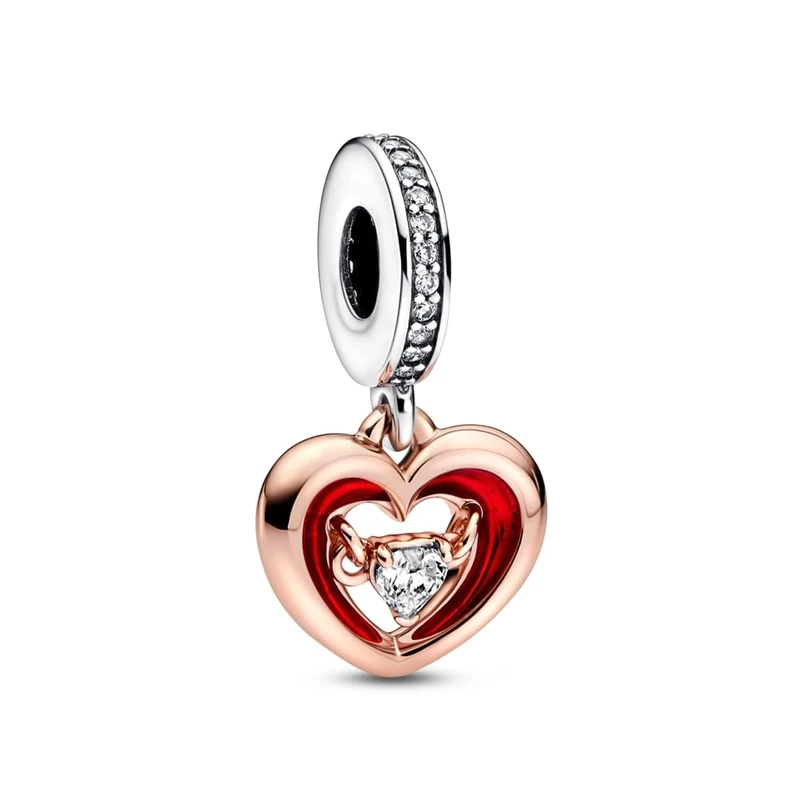 Pandora Moments Open heart sterling silver and 14k rose gold-plated dangle with clear cubic zirconia and red enamel