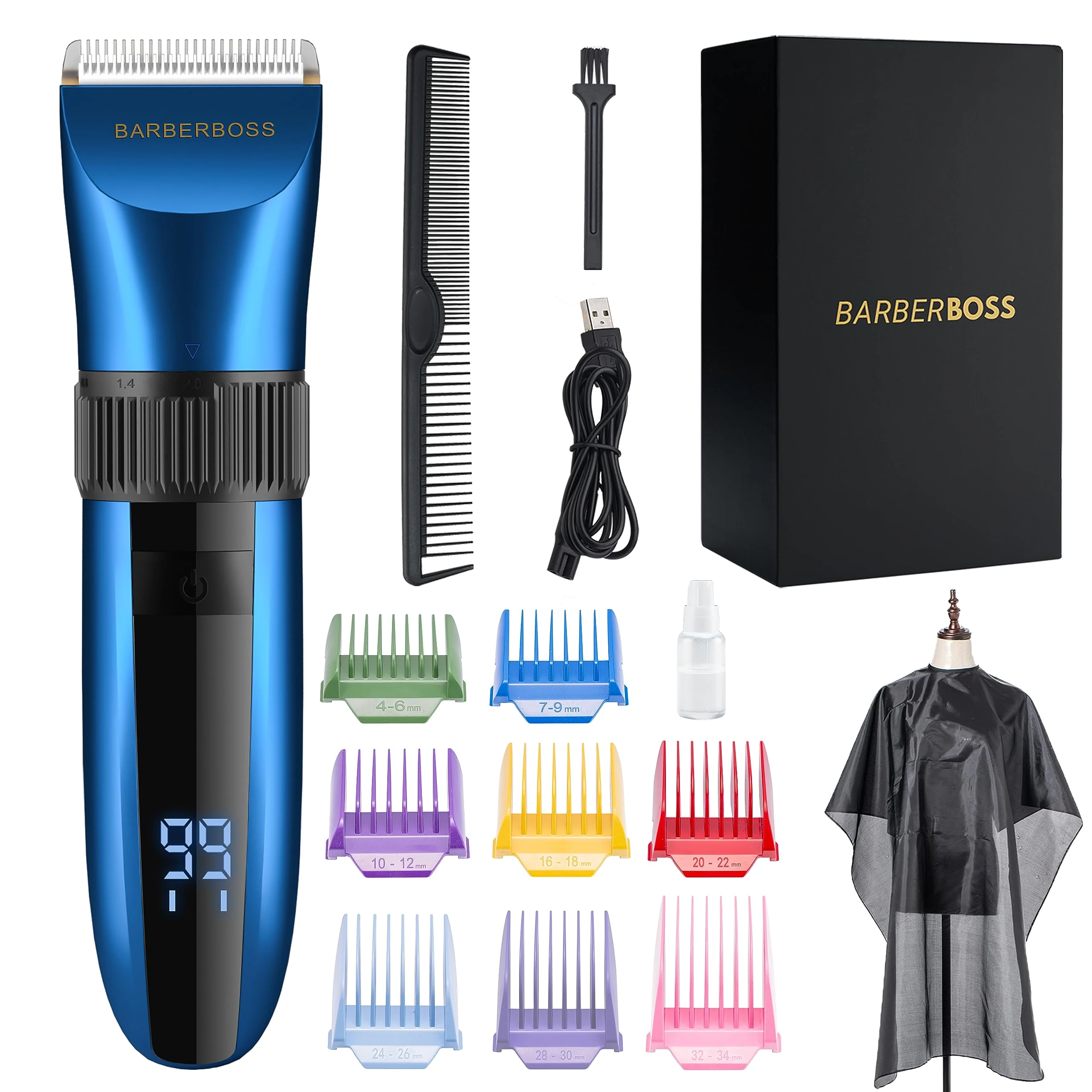 BarberBoss Cordless Self-Sharpening Beard & Hair Trimmer - Waterproof with Ceramic Blades, LED Display, Fast Charging, and 8 Color Comb Attachments QR-2082