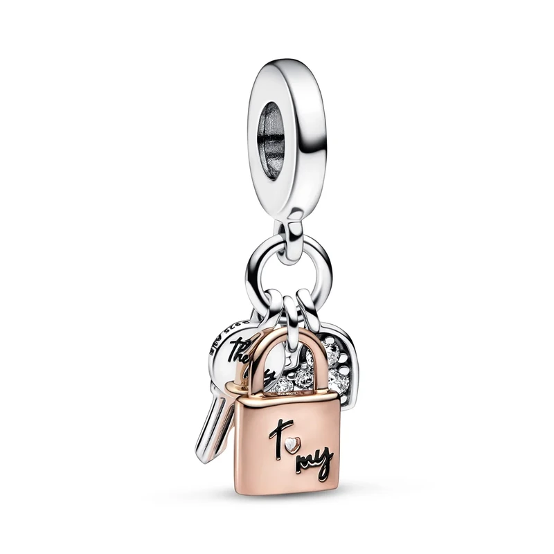 Pandora Moments Padlock, key and heart sterling silver and 14k rose gold-plated dangle with clear cubic zirconia and black enamel