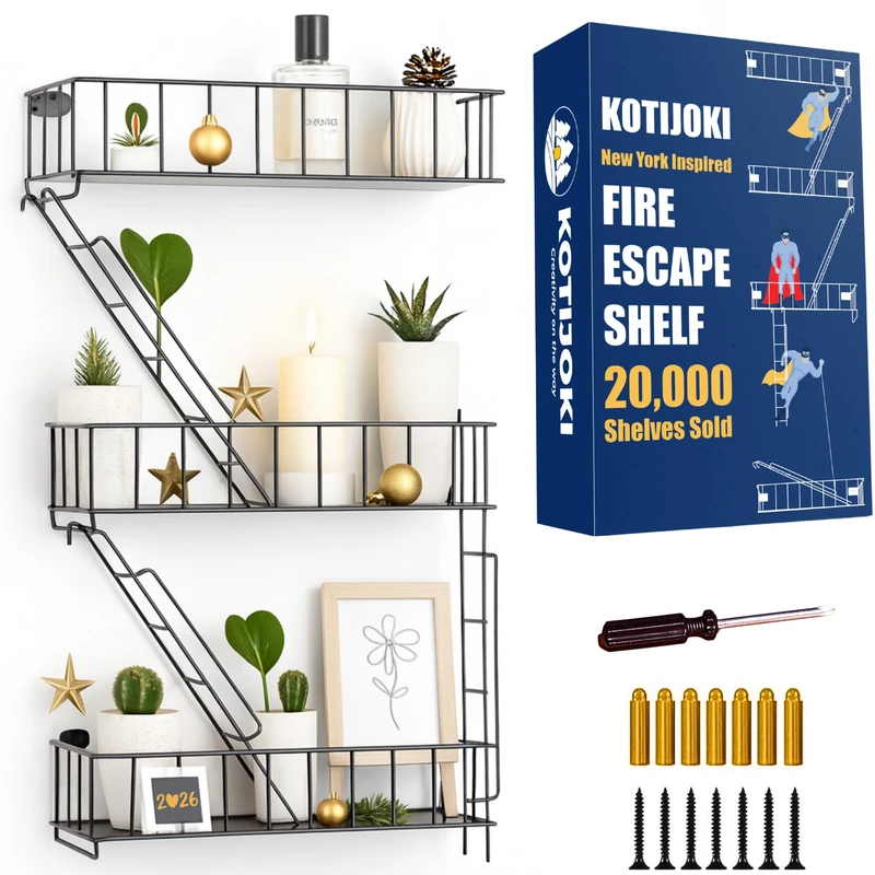 KOTIJOKI Fire Escape Wall Shelf - New York Decorative Floating Shelf - Wall Art Ladder Shelf - Black Metal Trinket Shelves for Bedroom, Home, Office, Storage and Display (3-Tier) - Image 1