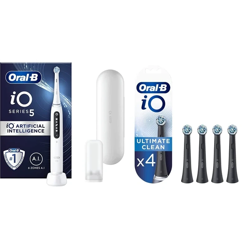 Oral-B iO5 Electric Toothbrush with Artificial Intelligence, Christmas Gifts for Women/Men, White & iO Ultimate Clean Electric Toothbrush Head, Pack of 4, Black