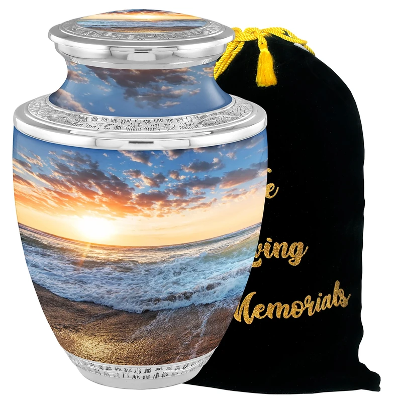 Seashore Sunset Cremation Urns for Adult Ashes Male Female - 200lbs Burial Urns for Human Ashes - Handcrafted Funeral Decorative Urns for Ashes Adult Male with Velvet Bag