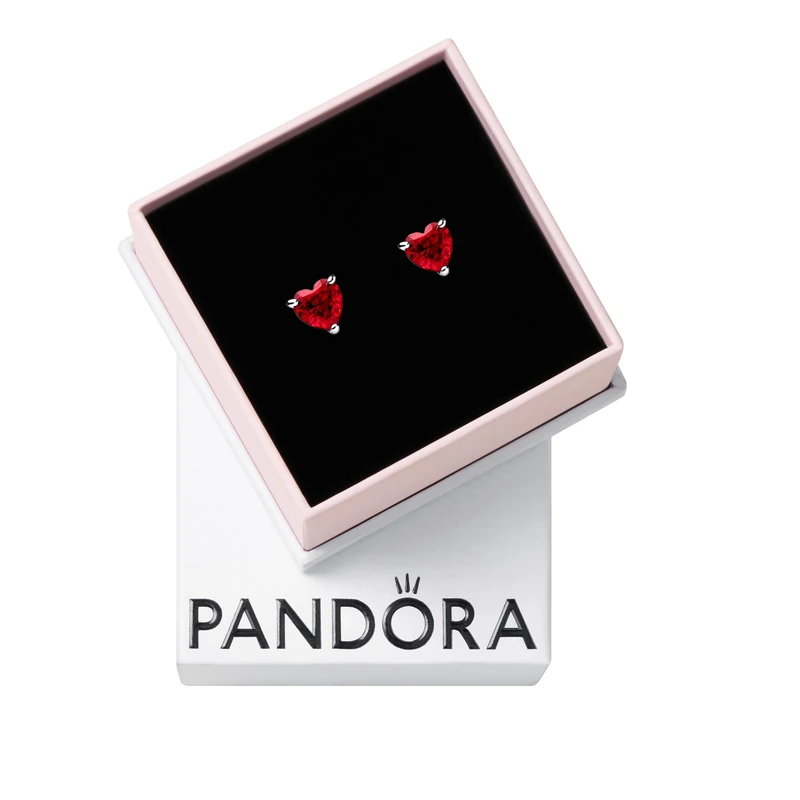 Pandora Timeless Heart sterling silver stud earrings with cherries jubilee red crystal