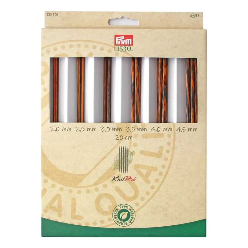 Prym - Wooden Double Pointed Knitting Needles Set, 2.4-5 mm, 20 cm, Natural