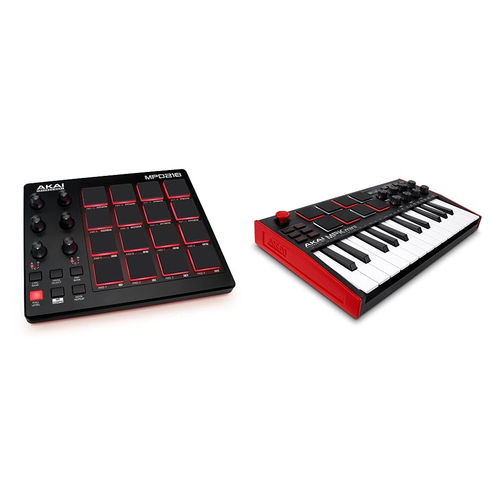 AKAI Professional MPD218 - MIDI pad controller/drum pad machine/beat maker with 16 pads, assignable controls, production software included & MPK Mini– 25 Key USB MIDI Keyboard Controller