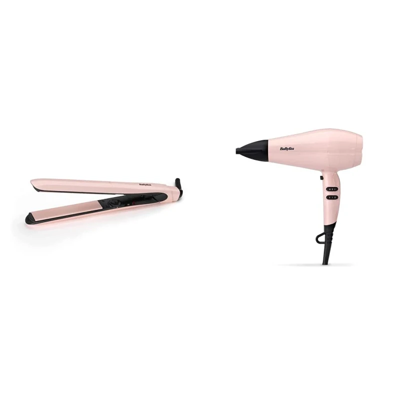 BaByliss Rose Blush 235C Hair Straighteners, Extra-long ceramic plates, variable heat up to 235C, pink & Rose Blush 2200W Hair Dryer, Powerful Drying, Ionic, Lightweight Hair Dryer, Pink