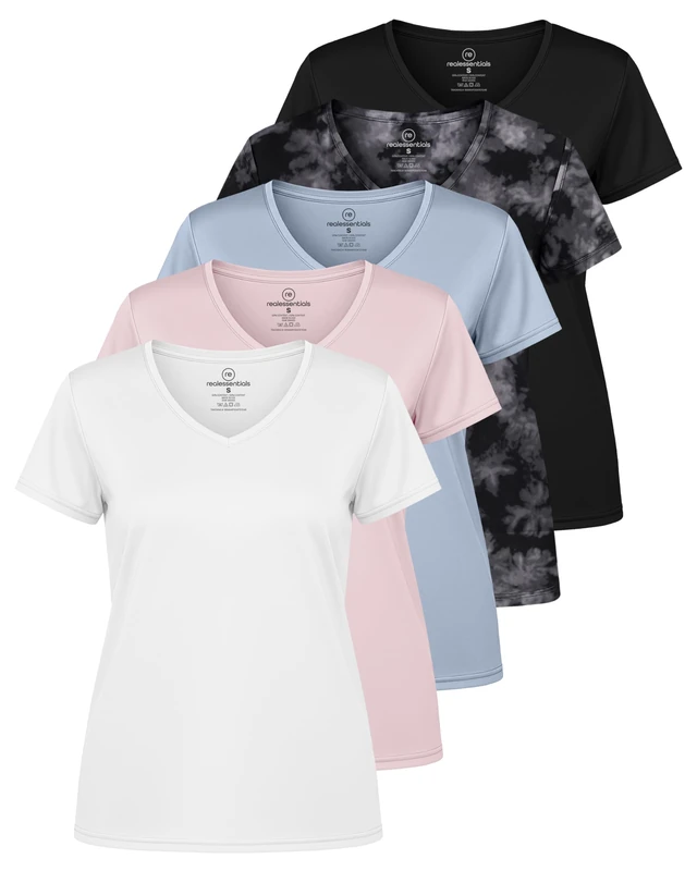5 Pack: Women's Short Sleeve V-Neck Activewear T-Shirt Dry-Fit Moisture Wicking Yoga Top (Available in Plus), Set 16, M