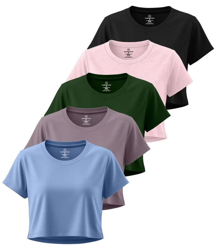 Real Essentials 5 Pack: Women's Dry Fit Crop Top - Short Sleeve Crew Neck Stretch Athletic Tee (Available in Plus Size), Set 10, M - Image 1