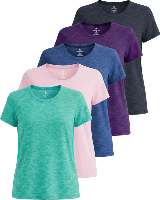 5 Pack: Women's Dry Fit Tech Stretch Short-Sleeve Crew Neck Athletic T-Shirt (Available in Plus Size), Set 15, M