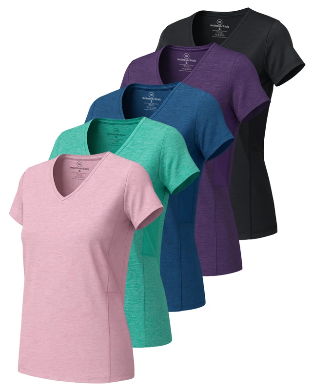 5 Pack: Women's Short Sleeve V-Neck Activewear T-Shirt Dry-Fit Moisture Wicking Yoga Top (Available in Plus), Set 15, XXL