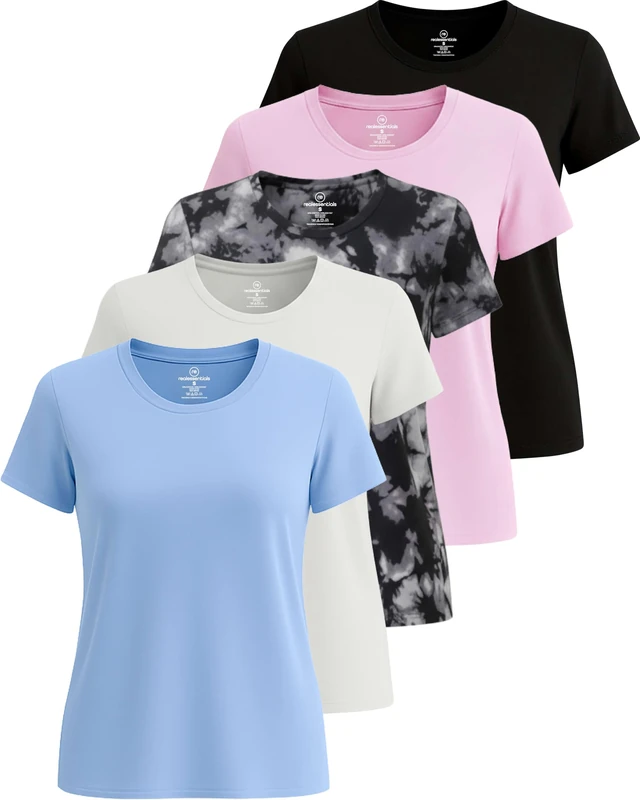 5 Pack: Women's Dry Fit Tech Stretch Short-Sleeve Crew Neck Athletic T-Shirt (Available in Plus Size), Set 16, XL