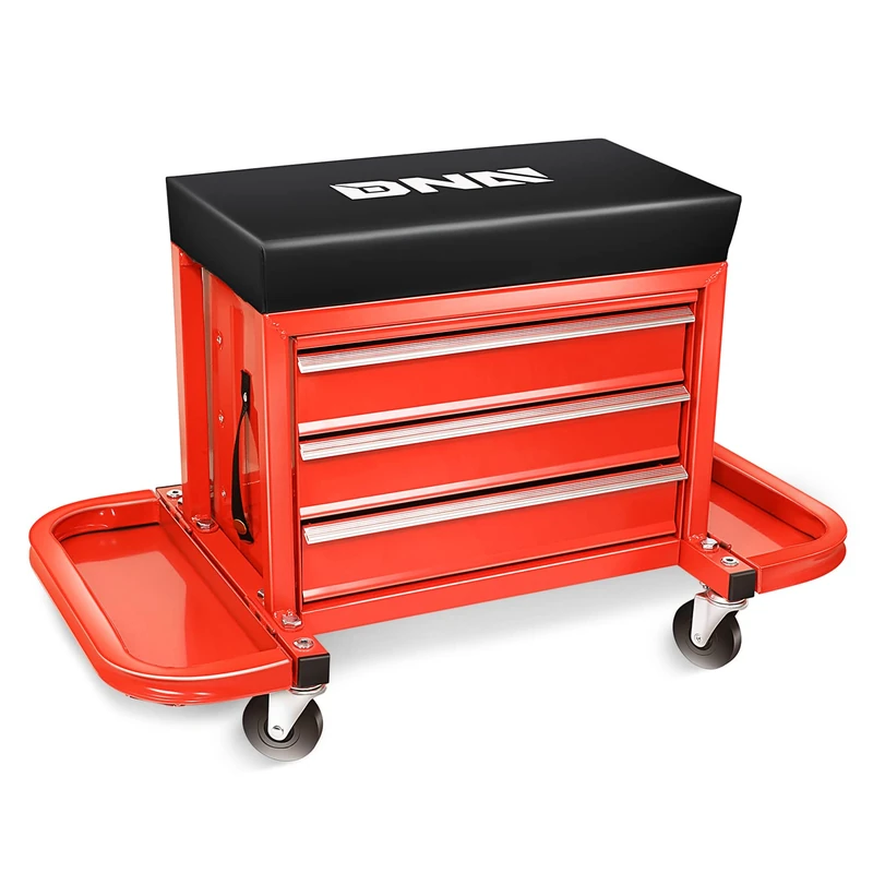 DNA MOTORING TOOLS-00261 3-Drawer Tool Chest Rolling Mechanic Seat with Tool Trays,350lbs Max Weight Capacity,Red