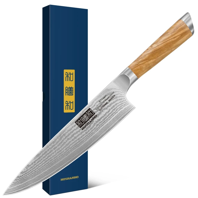 HOSHANHO Damascus Chef Knife 8 Inch, Professional 67 Layers 10Cr15CoMoV Super Steel Kitchen Knife, Ultra Sharp Japanese Knife with Ergonomic Olive Wood Handle