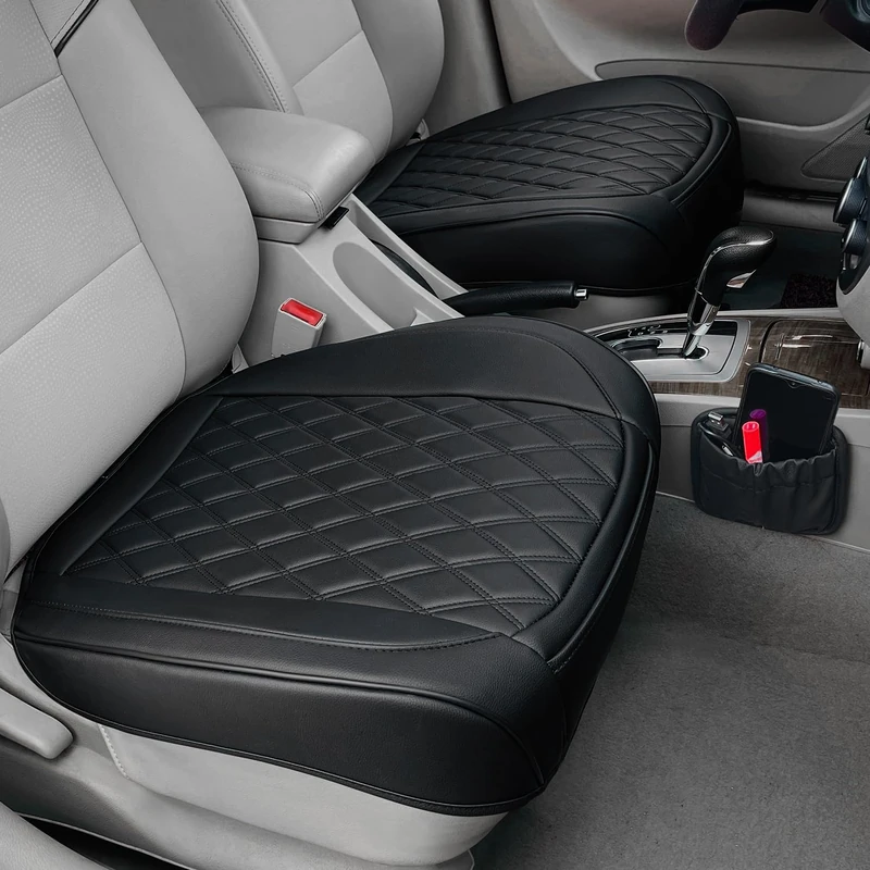BEITK 2 Pack Leather Front Car Seat Cover, Anti-Slip and Full Wrap Driver Car Seat Protectors with Storage Pocket, Luxury Waterproof Bottom Auto Seat Cushion Pad Mat for Most Vehicles(Black)
