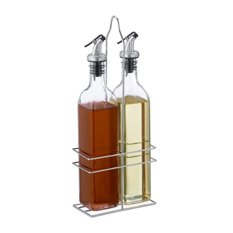 Relaxdays Oil and Vinegar Dispenser Set, 500 ml Glass Bottles, Iron Holder, Pourer, 34 x 13.5 x 7.5 cm, Transparent