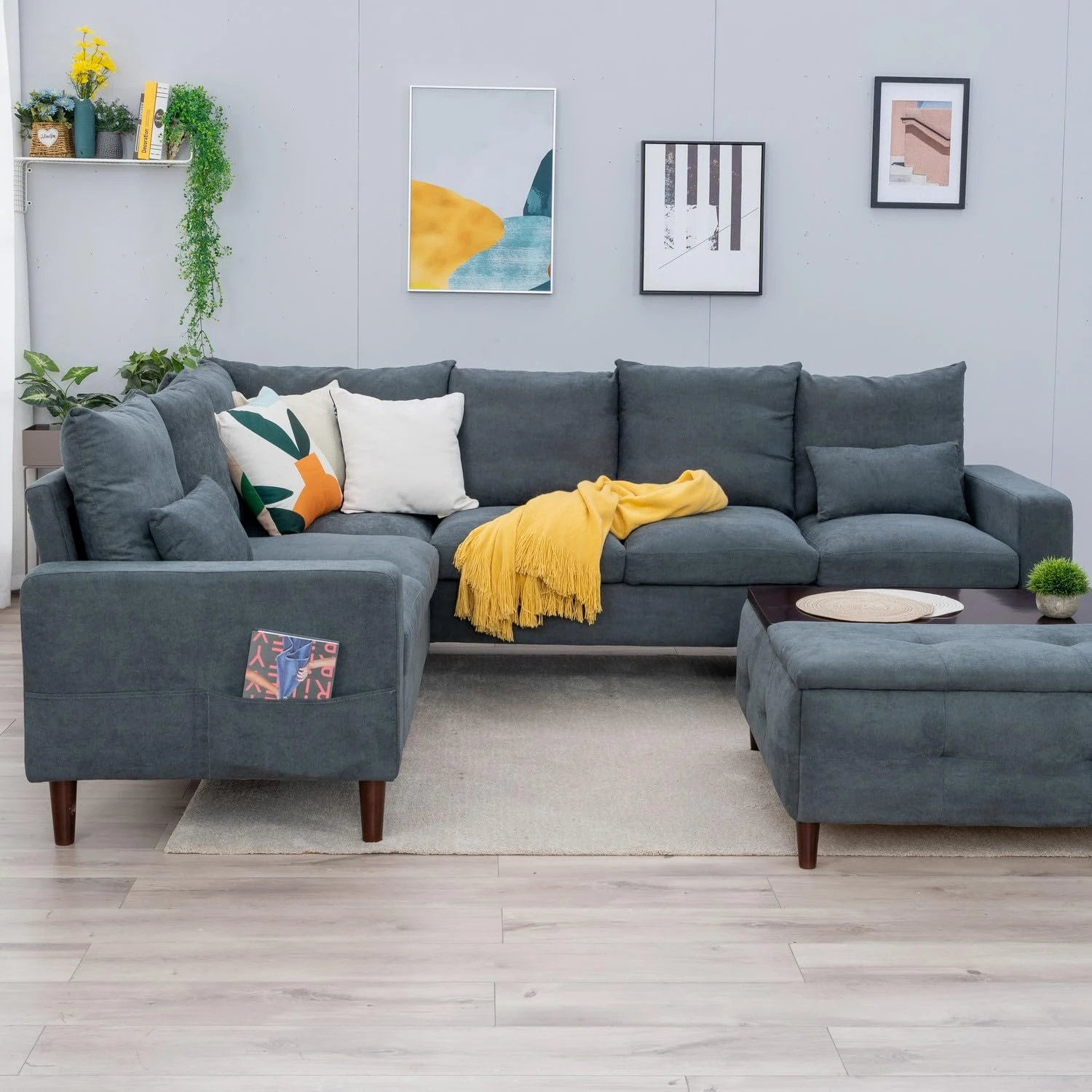 Panana Corner Sofa, 3+2 Seater sofa Settee, Linen Fabric in Grey, sofa sets for living room 3 2 (Grey, Corner Sofa) (FRSX9071GY3+2L00-EKAU)