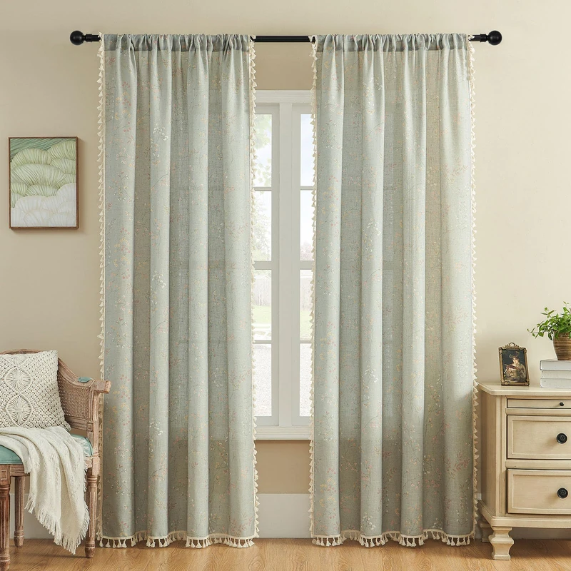 Joydeco Blue Floral Boho Curtains 84 Inch Length 2 Panels, Super Soft Bohemian Farmhouse Curtains with Tassels, Semi Sheer Light Filtering Drapes for Bedroom Living Room (Rod Pocket, 52Wx84L)