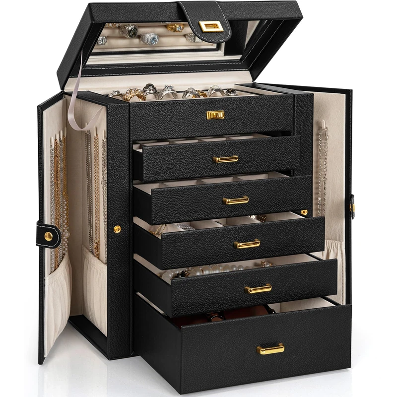 AKOZLIN Jewelry Box Organizer Functional Leather Jewelry Storage Case for Women Girls Ring Necklace Earring Bracelet Holder Organizer with Mirror Black - Image 1