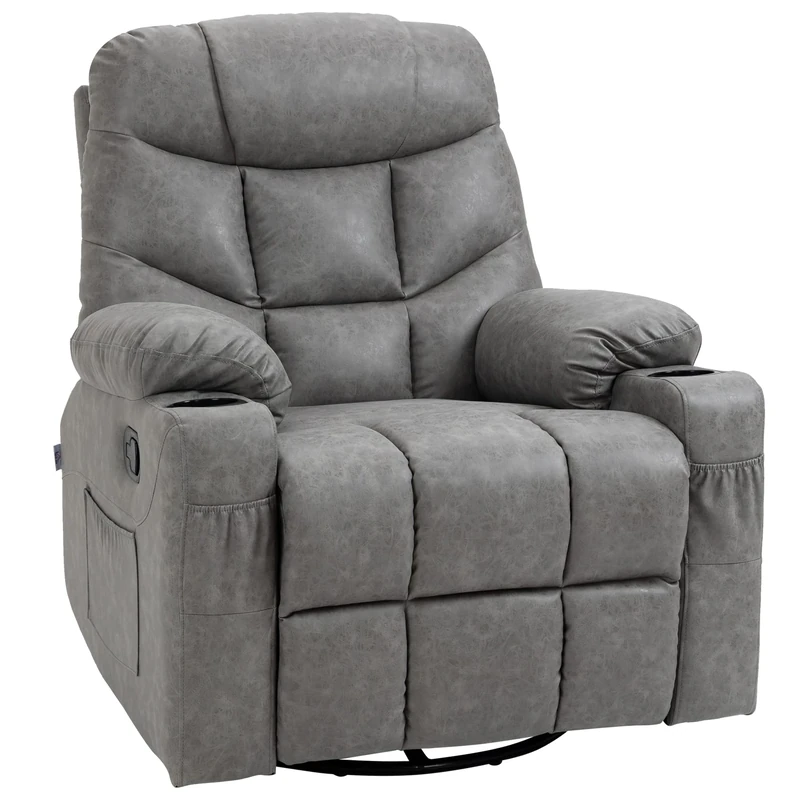 HOMCOM Recliner Armchair, Swivel PU Leather Manual Reclining Chair with Adjustable Leg Rest, Drink Holders, Side Pockets, Rocker Chair for Home Living Room, Light Grey