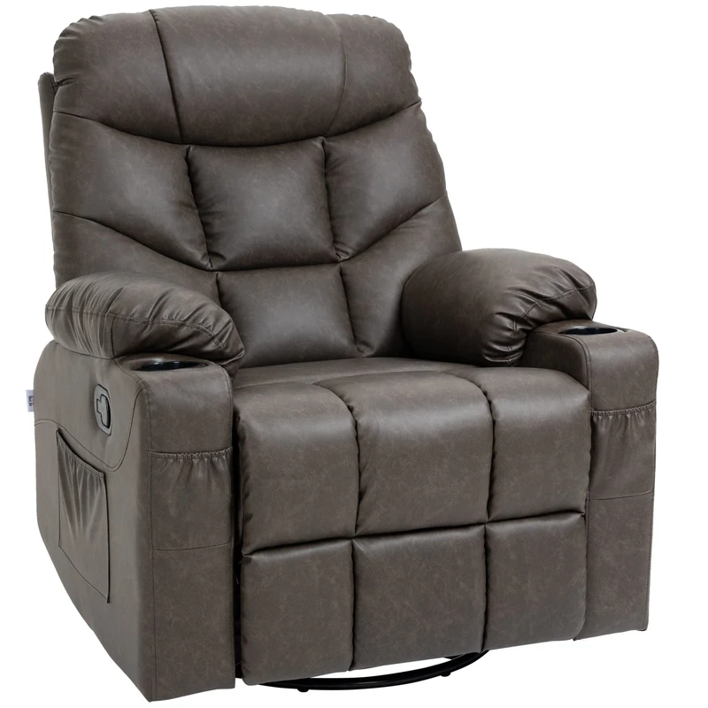 HOMCOM Recliner Armchair, Swivel PU Leather Manual Reclining Chair with Adjustable Leg Rest, Drink Holders, Side Pockets, Rocker Chair for Home Living Room, Dark Brown