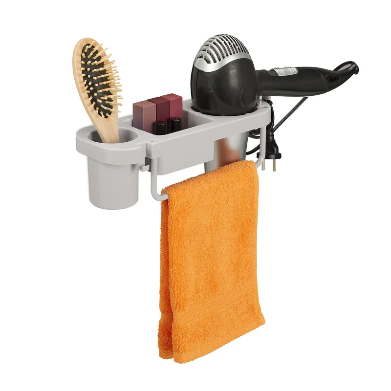 Relaxdays Hairdryer Without Drilling, Plastic, Cable Holder & Shelves, Wall, HxWxD 9x30x10,5 cm, Grey, 9x30x10.5 cm