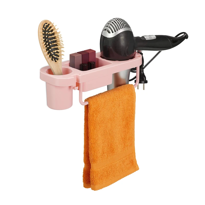 Relaxdays Hairdryer Without Drilling, Plastic, Cable Holder & Shelves, Wall, HxWxD 9x30x10,5 cm, Pink, 9x30x10.5 cm - Image 1