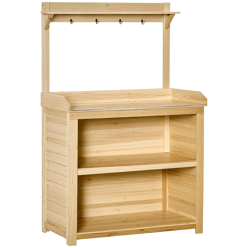 Outsunny Garden Potting Bench Table, Wooden Workstation Bench w/Galvanized Metal Tabletop, Storage Shelves and Hooks for Patios, Courtyards, Balcony