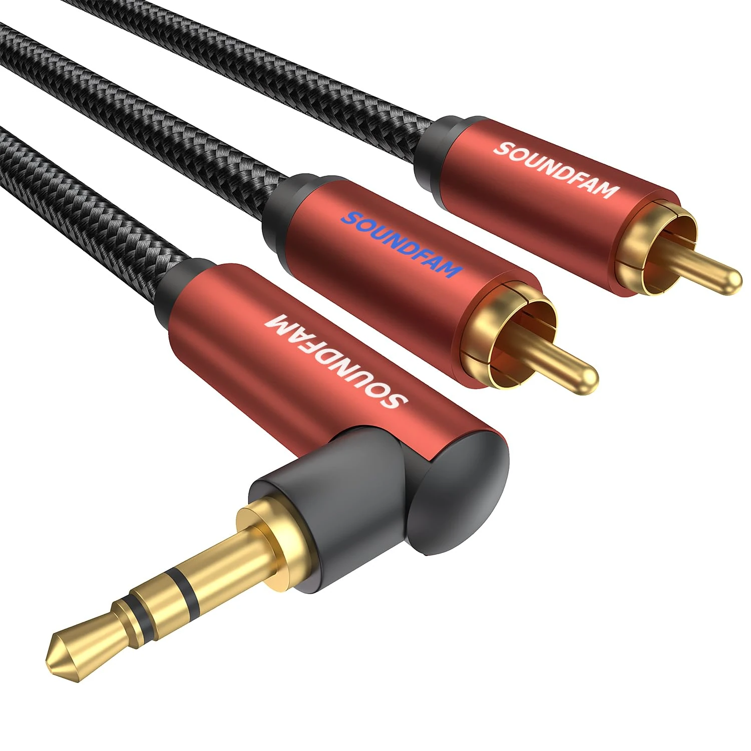 SOUNDFAM 90 Degree 3.5mm to 2 RCA Audio Cable, Braided Aux to RCA Stereo Cable Gold Plated Connectors for Home Theater, Hi-Fi System, Car Audio Wine Red (1m)