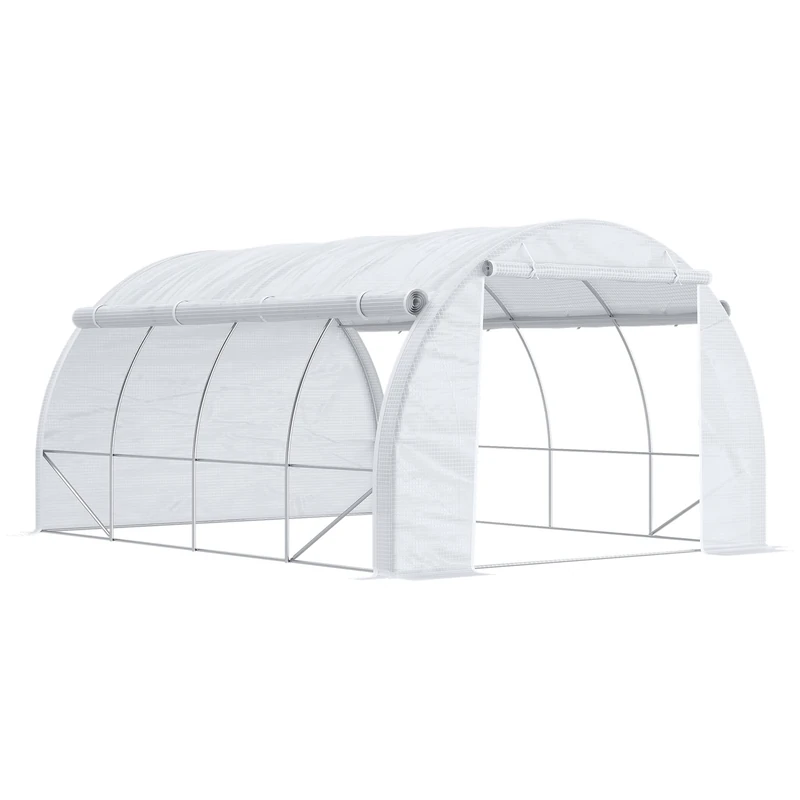 Outsunny 4 x 3 x 2 m Polytunnel Greenhouse, Walk in Pollytunnel Tent with Steel Frame, Reinforced Cover, Zippered Door and 8 Windows for Garden and Backyard, White