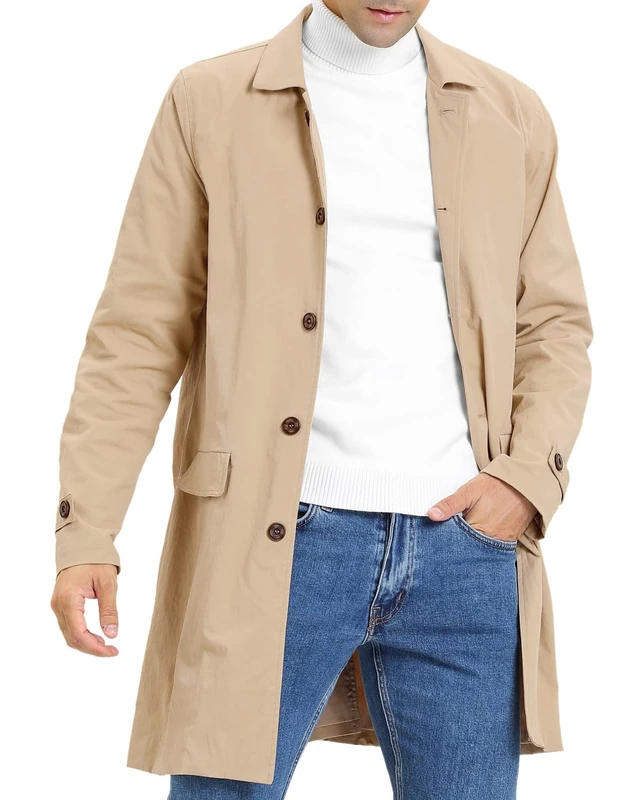 Coutgo Mens Trench Coat Slim Fit Single Breasted Casual Long Jacket Lightweight Lapel Fall Windbreaker Overcoat, Light Khaki, Medium