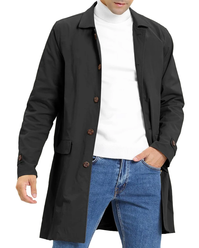 Coutgo Mens Trench Coat Slim Fit Single Breasted Casual Long Jacket Lightweight Lapel Fall Windbreaker Overcoat, Black, Medium