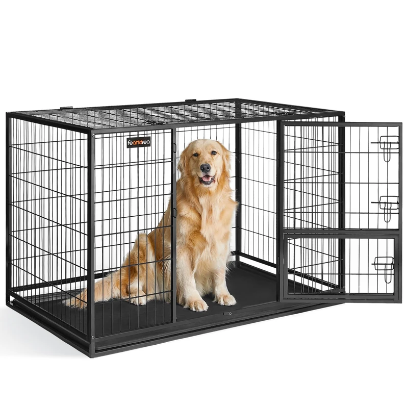 Feandrea Heavy-Duty Dog Crate, Dog Cage, 122 x 74.5 x 80.5 cm, for Medium and Large Dogs, Double Removable Door, Easy Cleaning, Pet Cage, XXL, Black PPD003B01