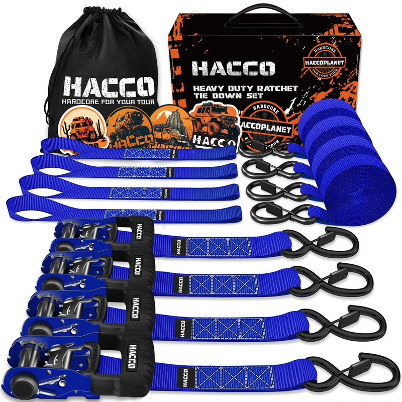 Haccoplanet Ratchet Straps, 5280lb Break Strengeth, 1.6" x 8' Heavy Duty Ratchet Tie Down Strap Set w/Padded Handle, S Hook, Soft Loop for UTV Motorcycle Truck Cargo Straps (Blue, 5280lbs)