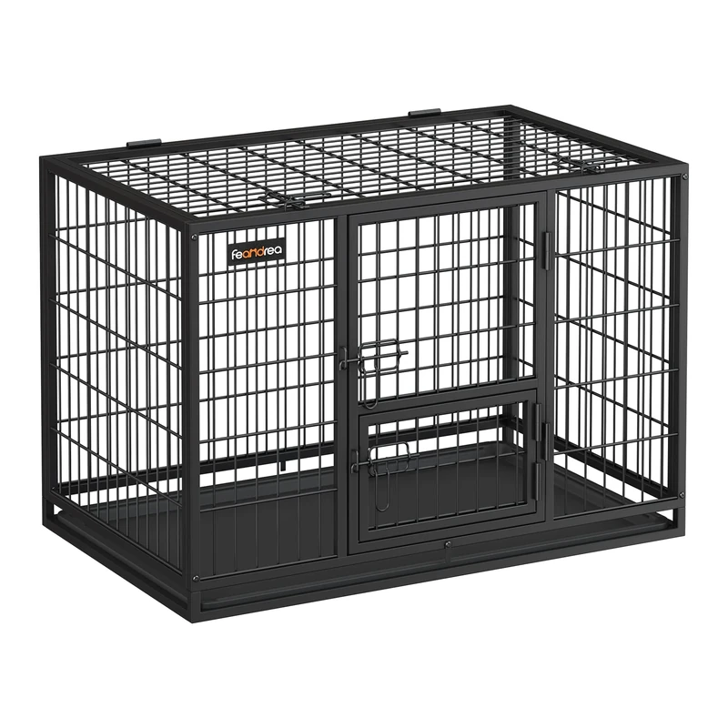 Feandrea Heavy-Duty Dog Crate, Dog Cage, 92.5 x 57.5 x 64 cm, for Small and Medium Dogs, Double Removable Door, Easy Cleaning, Pet Cage, L, Black PPD002B01