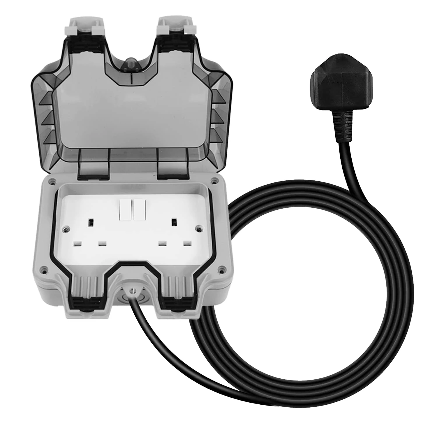 Outdoor Socket Waterproof Double Plug with Extension Lead External 2 Gang Switched Socket Cover Wall Electrical Outlet IP66 13Amp Weatherproof (15M)