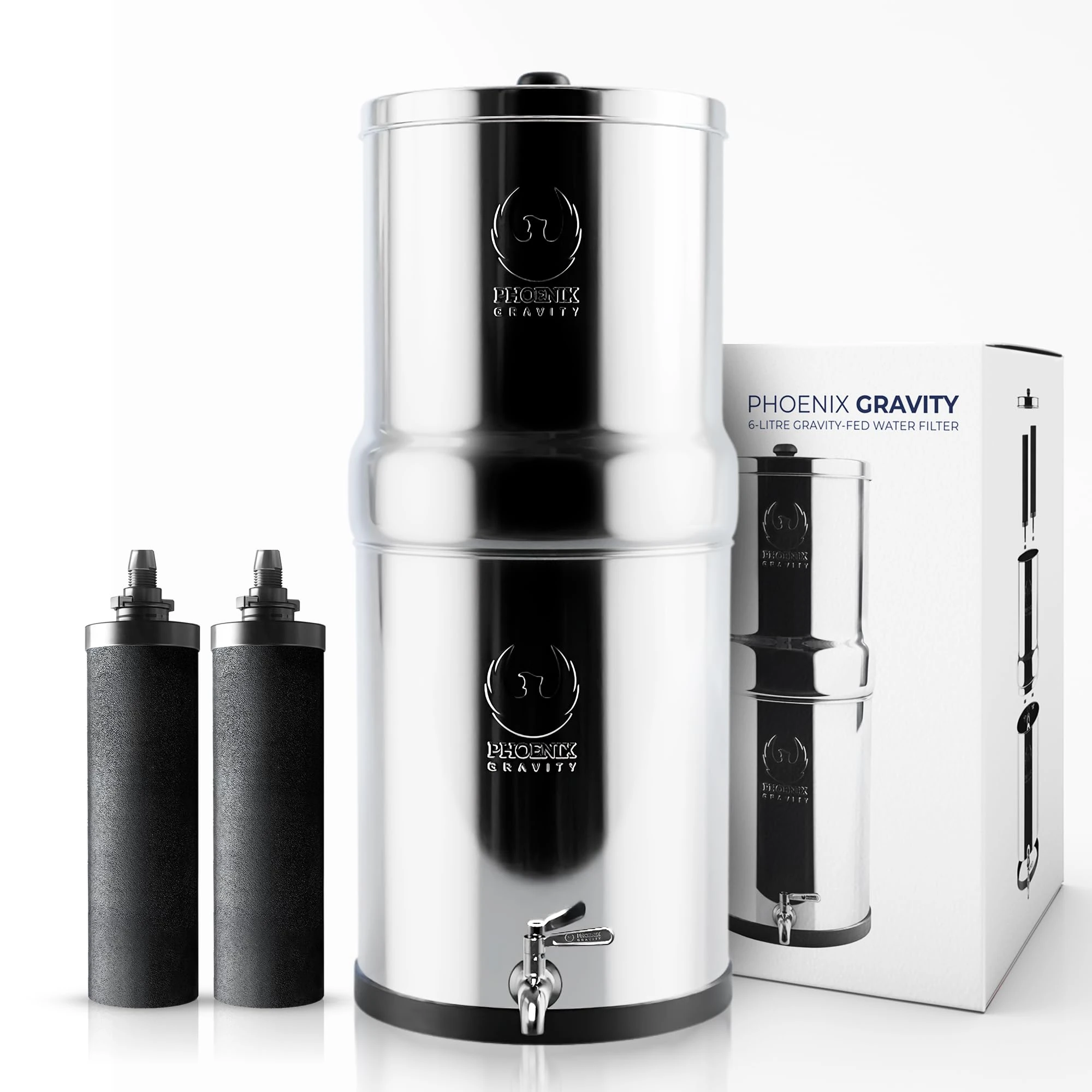 PHOENIX GRAVITY 6-Litre Stainless Steel Gravity Water Filter NSF Certified AISI 304 Countertop Water Filter System with 2 Smart Carbon Filters, Stainless Steel Tap, No Power Or Plumbing Required