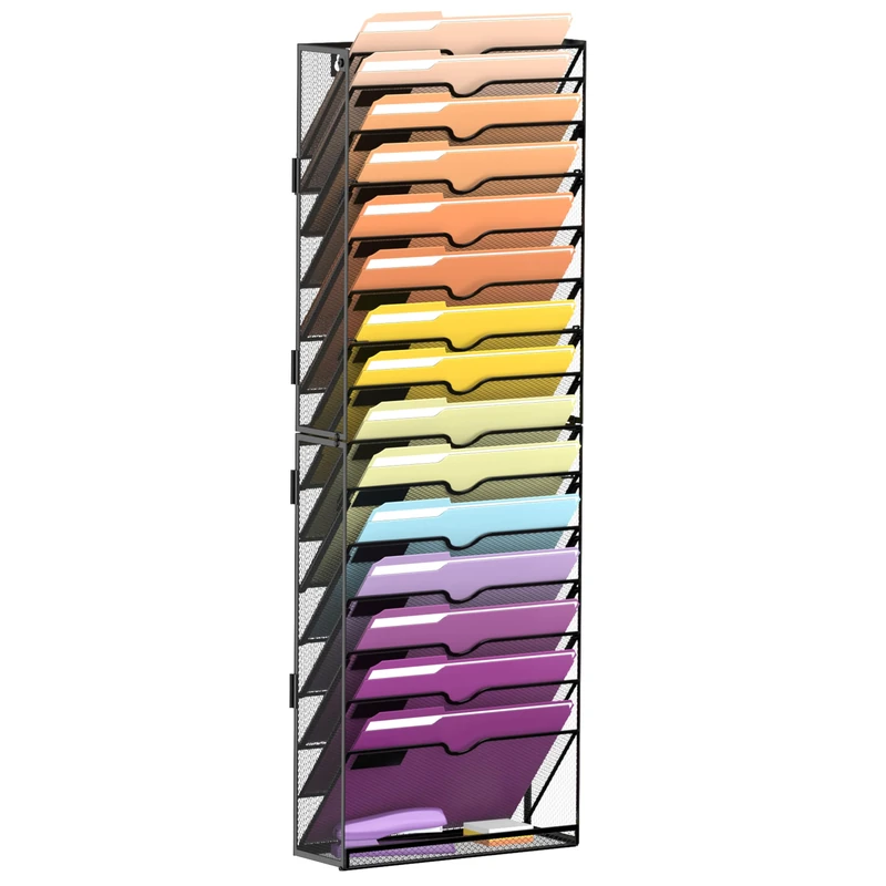 SUPEASY 16-Tier Wall File Organizer Hanging Wall File Holder for Papers, Folders, Files Clipboard & Magazine Organization Great for Office Home, Black